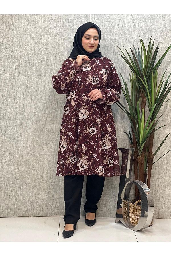 Butik büyük beden-تونيك شيفون منقوش - قصة مريحة 1