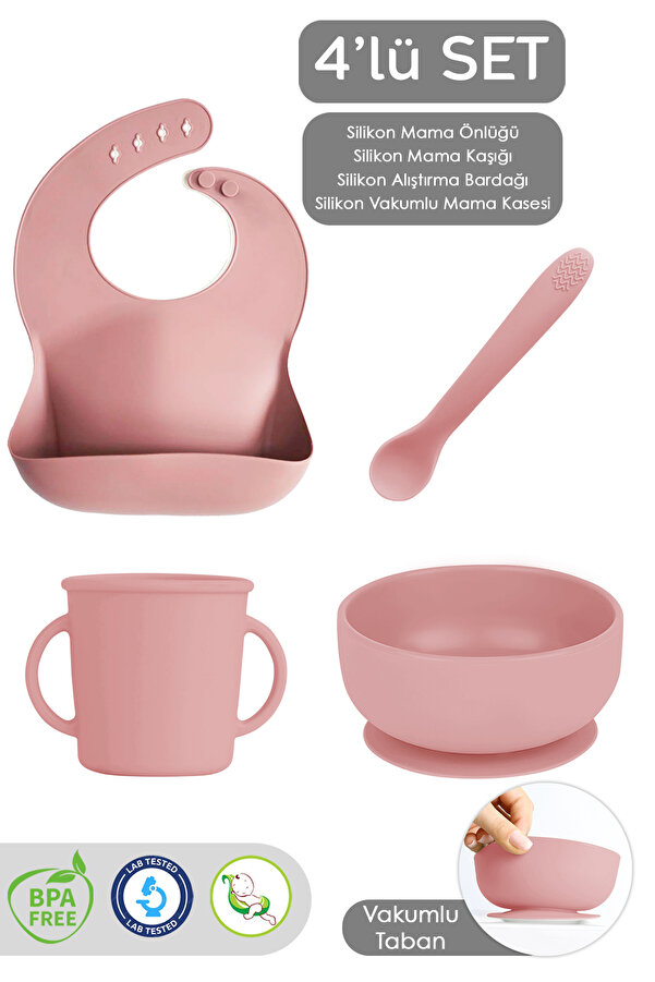 Meleni Baby 4'lü Silikon Bebek Beslenme Seti- Vakumlu Kase - Mama Önlüğü - Kulplu Bardak - Kaşıyıcı Kaşık -Pembe