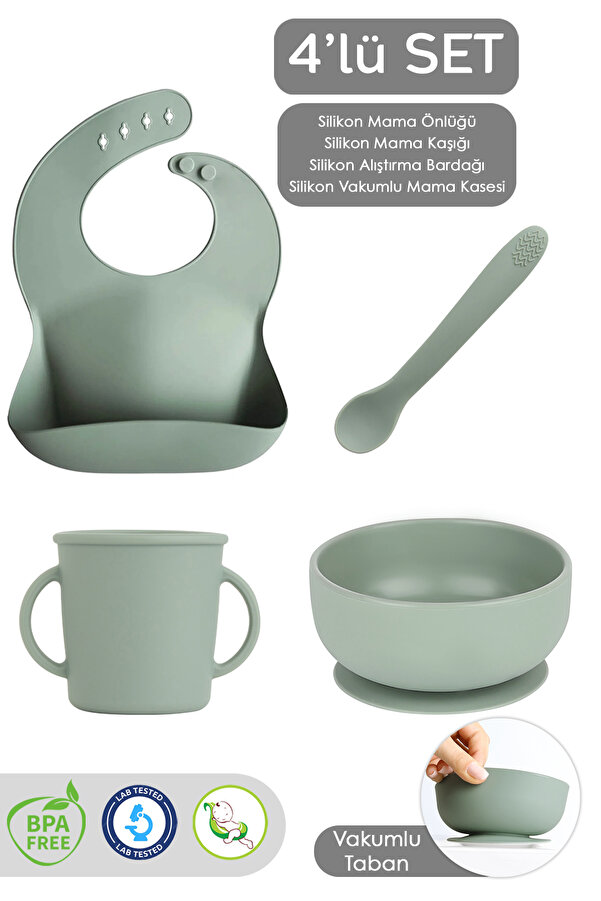 Meleni Baby 4'lü Silikon Bebek Beslenme Seti- Vakumlu Kase - Mama Önlüğü - Kulplu Bardak - Kaşıyıcı Kaşık -Yeşil