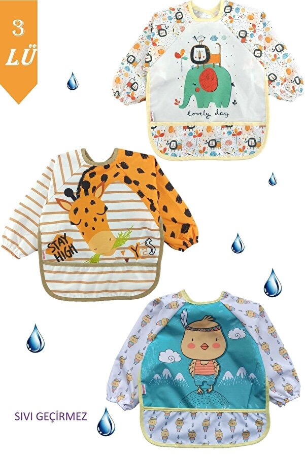 dubi baby 3 Adet Sıvı Geçirmez Aslan Civciv Zürafa Desen Bebek Mama Önlüğü 0-3 Yaş