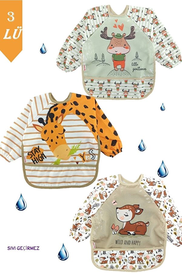 dubi baby 3 Adet Sıvı Geçirmez Ceylan Geyik Zürafa Desen Bebek Mama Önlüğü 0-3 Yaş