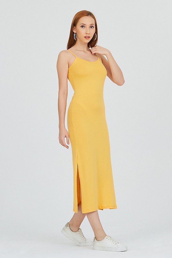 Kallisto Dark Yellow Tight Dress with Rope Straps and Slits Trendyol
