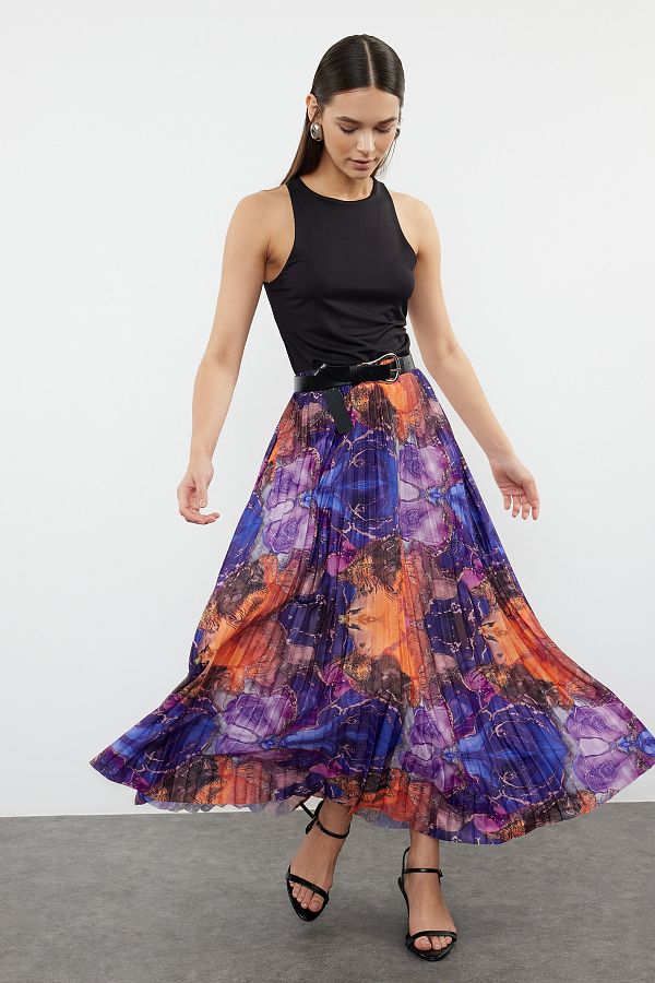 Trendyol Collection-Stretchy Knitted Skirt - Multicolor and Pleated Print, TWOSS24ET00041 1