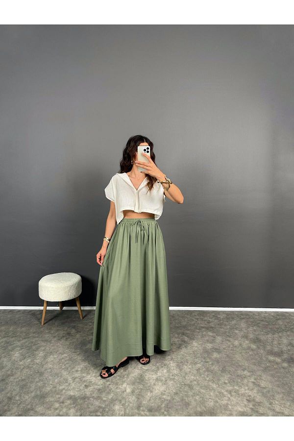 Gaus Khaki Linen Long Skirt Elastic Waist Trendyol