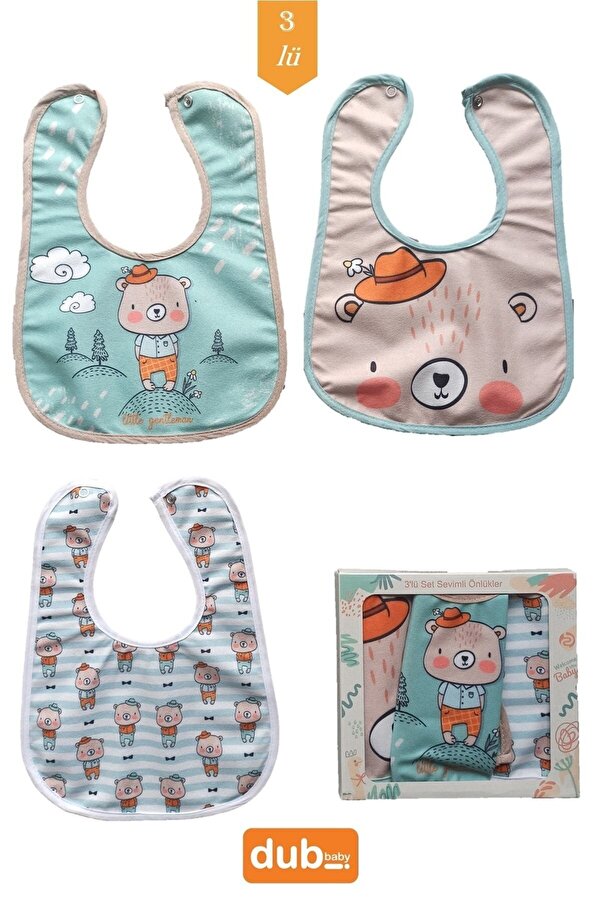 dubi baby 3 Adet Ayıcık Desenli Bebek Mama Ve Salya Önlüğü
