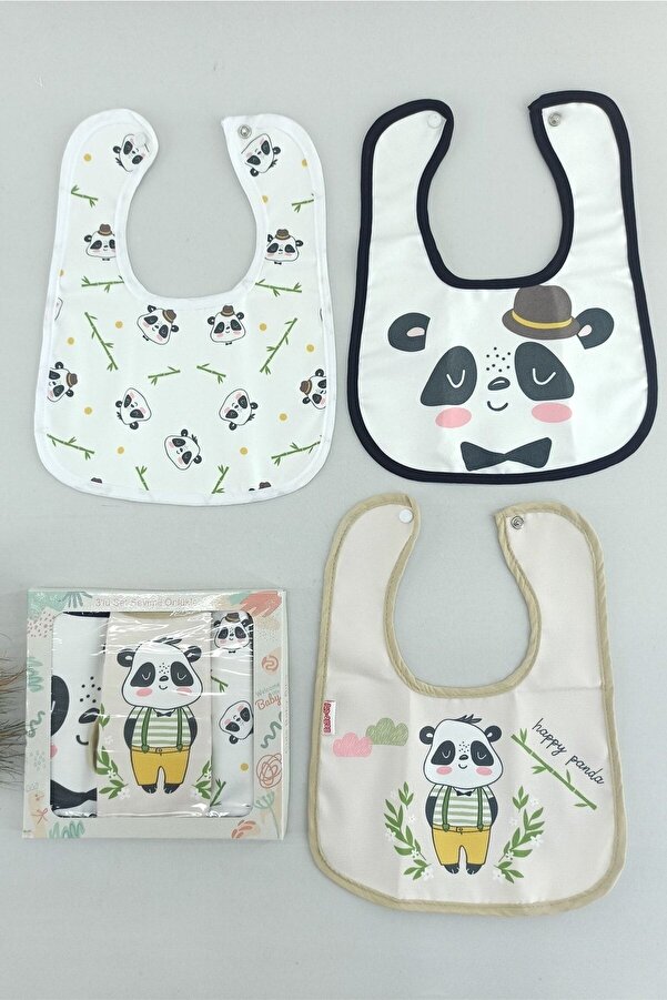 dubi baby Panda Temalı Kare 3 Parça Microfiber Mama Önlüğü Kendi Kutusunda (su Geçirmez) Çıtçıtlı