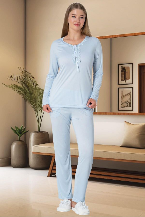 Mecit Pijama Plus Size Lycra Pajamas Set Cotton Viscose Button Collar Lace Long Sleeve Pocket Trendyol