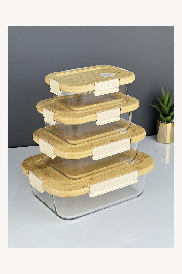 Doğudeko-Bamboo Lid Vacuum Featured Pyrex Storage Container Set of 4 1
