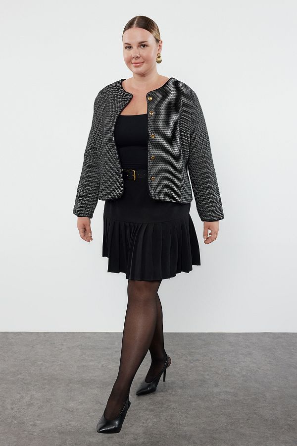 Trendyol Curve-Tweed Buttoned Jacket - Black-White Plaid, Lined TBBAW25AG00000 1