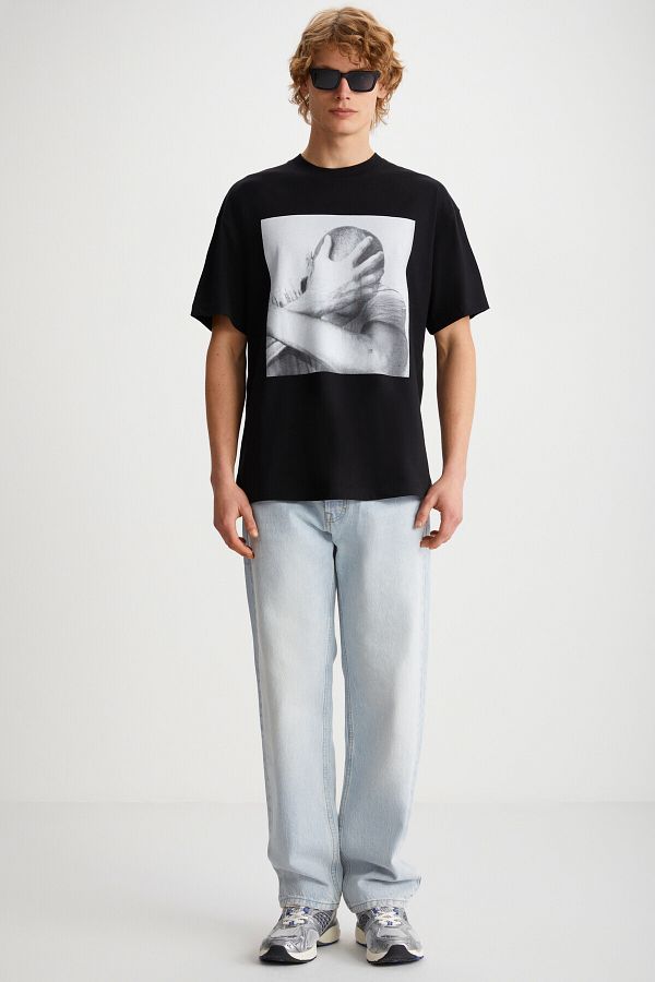 GRIMELANGE-Tricou negru din bumbac organic Elvis pentru bărbați, cu imprimeu cu textura groasă, cu croiala supradimensionată și 100 1