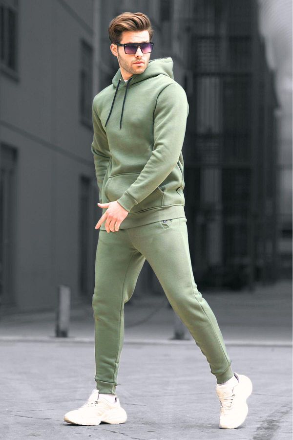 YAKAMEL Men s Green Melange Hoodie Puff Inside 3 Thread Raster Cotton Tracksuit Set with Elastic Legs High Waist Trendyol