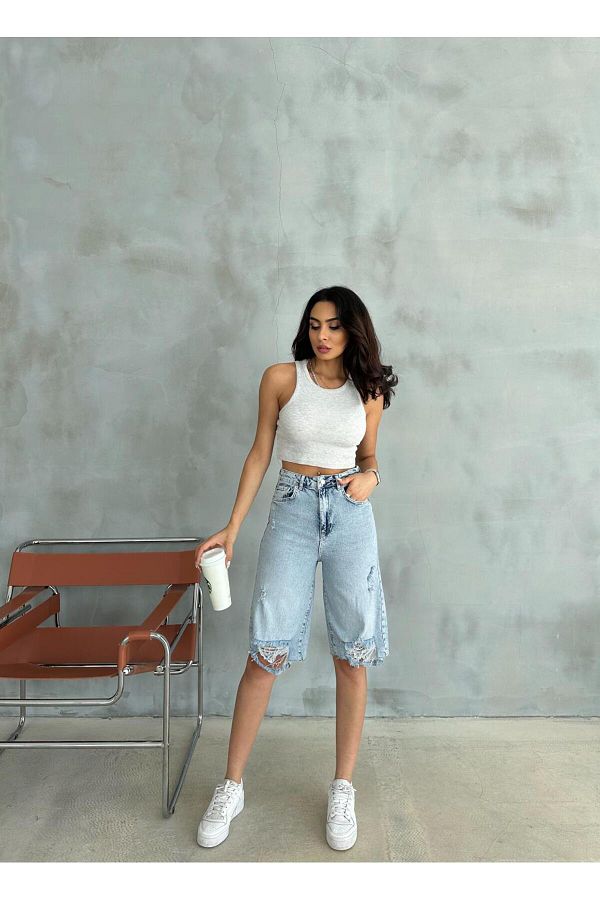 Zeo Basic-Blue LaseredBermudaShorts - Ripped Detail 1