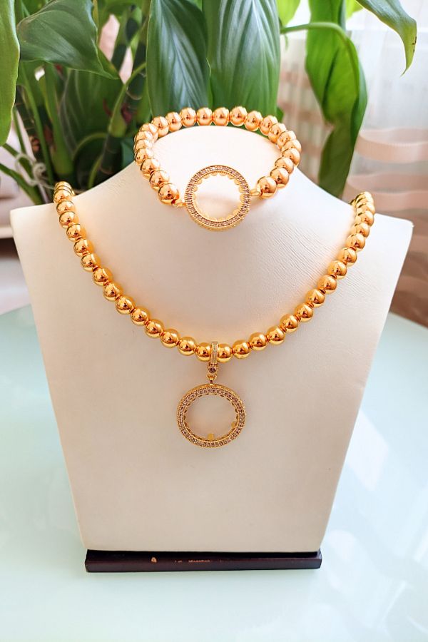 TwinsCollection 10mm Necklace and Bracelet Set Half Gold Matching Quartered