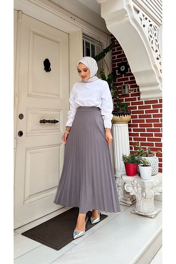 HMT ZEHRA G Y M Pleated Flared Fit S M L XL 36 48 SIZE RANGE grey Skuba Crepe Skirt Trendyol