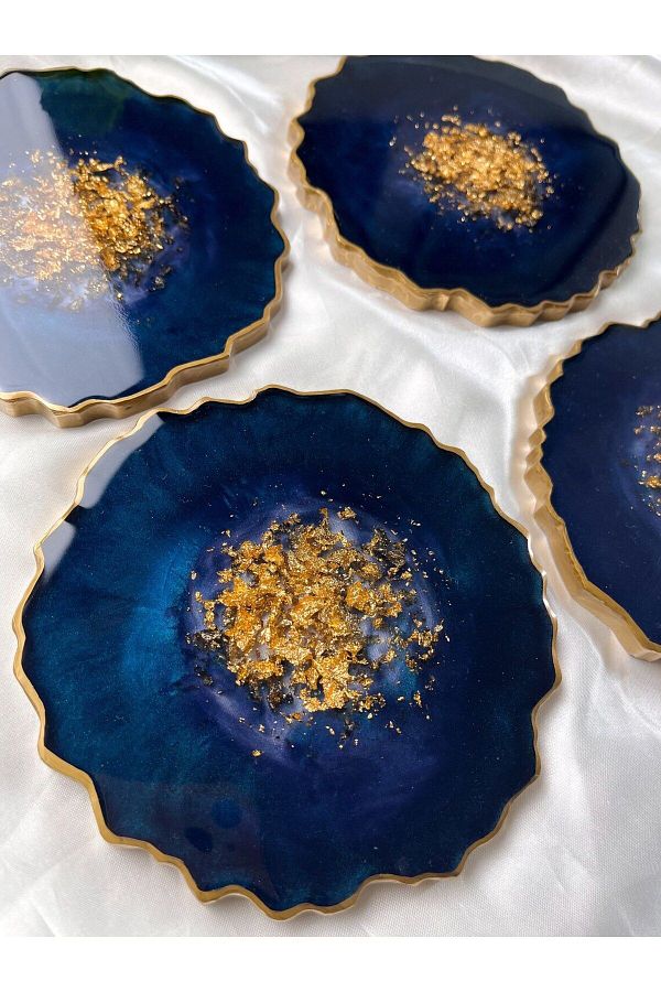 39 Art Studio-2 Pieces Geode Coasters - Blue Gold Leaf Candle Coasters 1