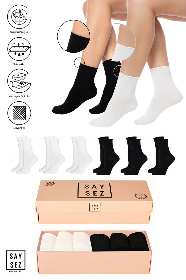 SAYSEZ-Bamboo Women's Premium Socks - Black-White, Elasticless and Socket Seamless, Set of 6 Boxed 1