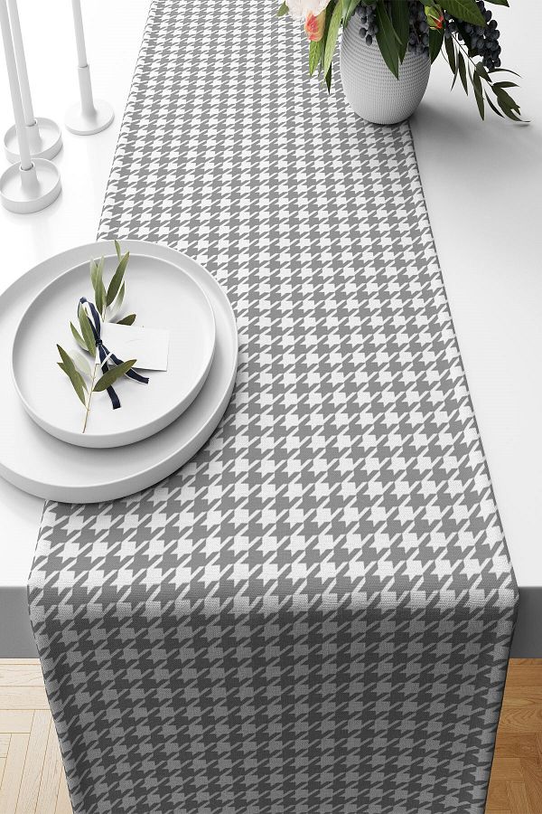 on the clouds-Stain Resistant Gray White Houndstooth Patterned Living Room Kitchen Table Runner - Different Ranir Models 1