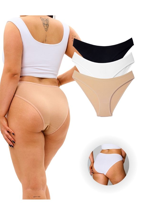 ALYA UNDERWEAR-Pachet de 3 chiloți din bumbac cu tăiere în bikini pentru femei - culoarea pielii alb și negru 1