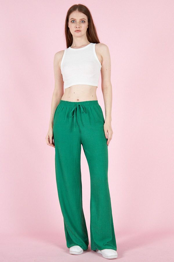 YAKAMEL-Women's Green Textured Loose Summer Stretchy Palazzo Pants 1