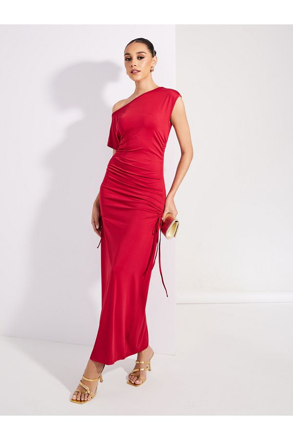 Styli-Ruched Side Asymmetric Neck Bodycon Maxi Dress 1