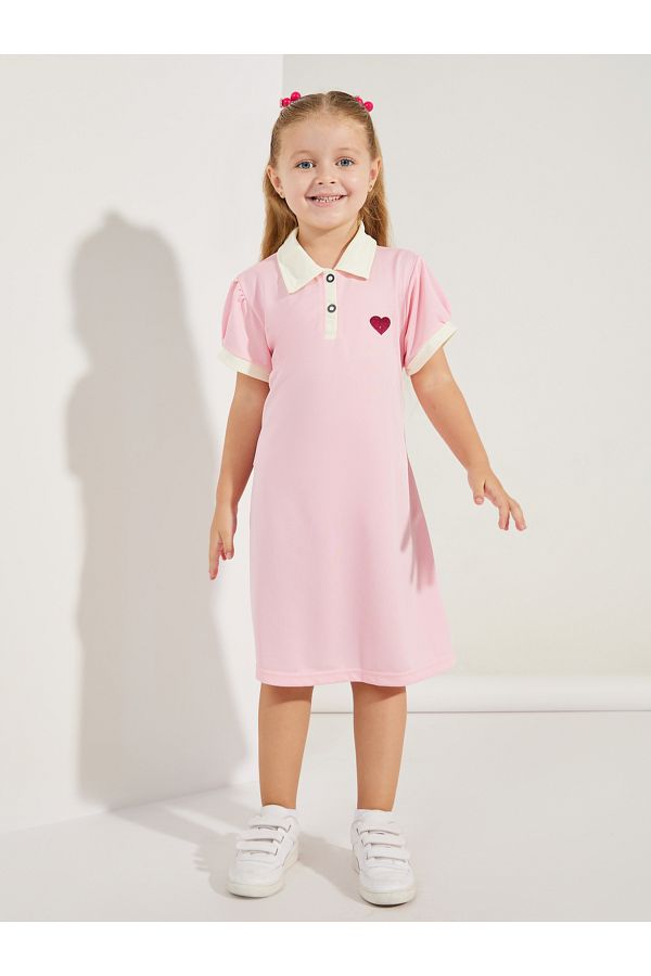 Styli-Preppy Heart Embroidery Cotton Polo Dress 1