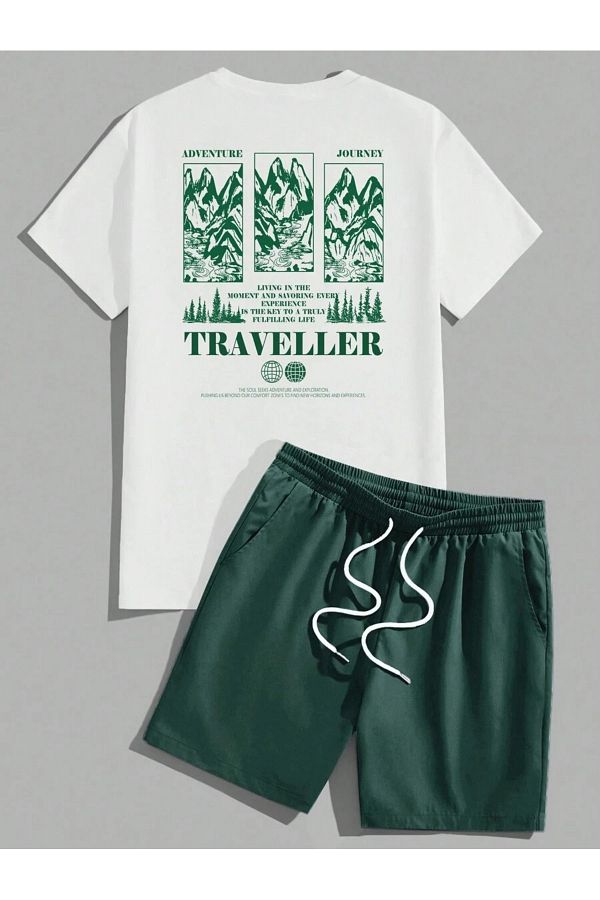 PERISENSE-Set de 2 pantaloni scurți cu imprimeu Traveler Set de tricou alb verde 1