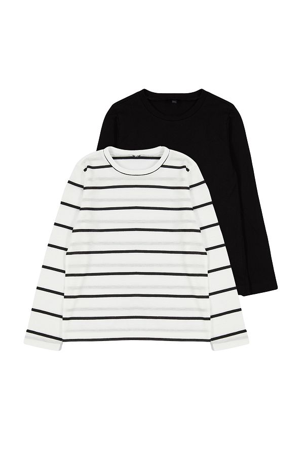 TRENDYOLKIDS-Unisex Μαύρο ριγέ βαμβακερό μπλουζάκι σετ 2 - TKDAW25TS00000 1