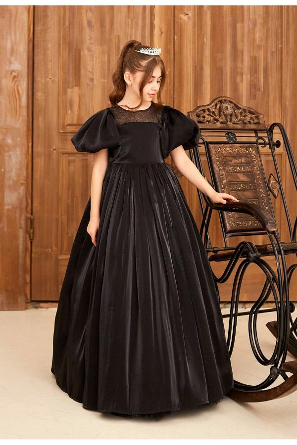 P X NADELUXE Black Balloon Sleeve Long Satin Girl s Evening Dress Trendyol