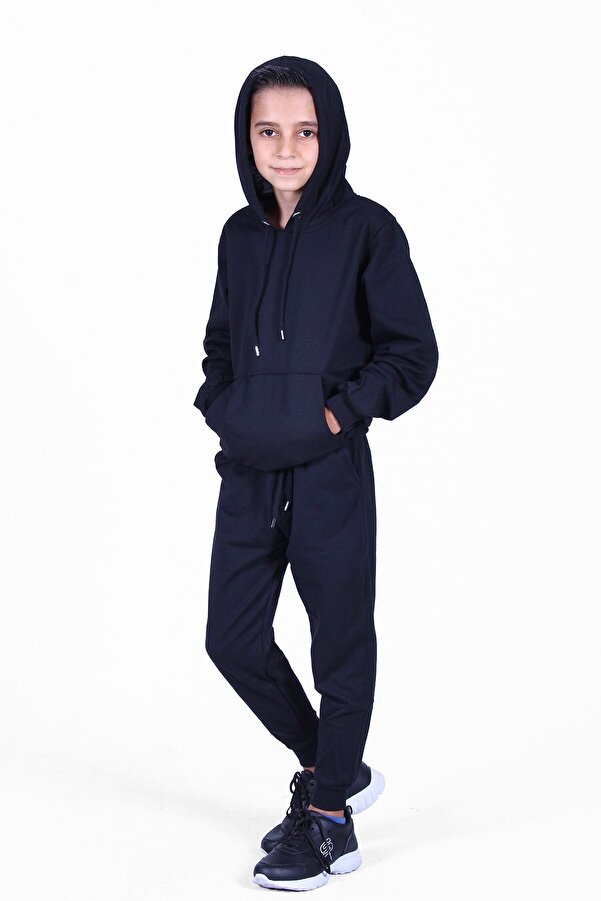 YA KO KİDS Plain Hooded Boy's Bottom-Top Tracksuit Set- Trendyol