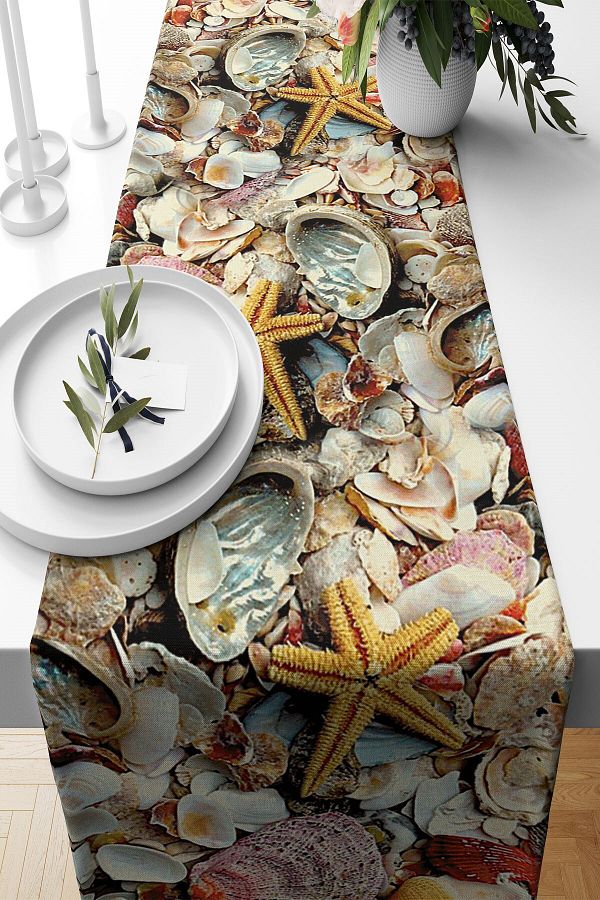on the clouds-Seashell Patterned - Non-Stainable Fabric Living Room Kitchen Table Runner, Different Ranir Models 1
