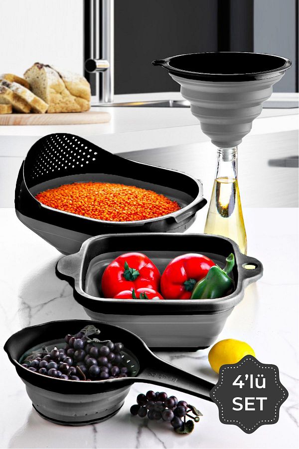 Vienev-4 Piece Anthracite Accordion Strainer Set - Brass, Funnel & Handle and Square Design 1