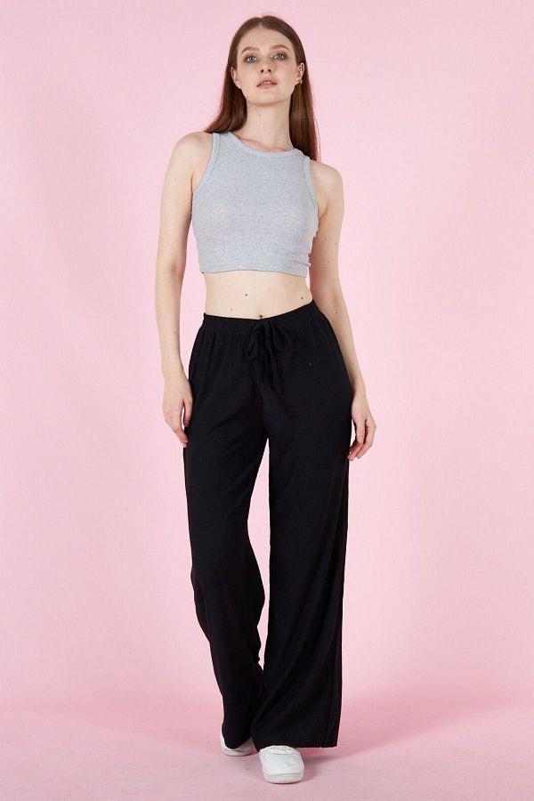 YAKAMEL-Women's Black Textured Loose Summer Stretchy Palazzo Pants 1
