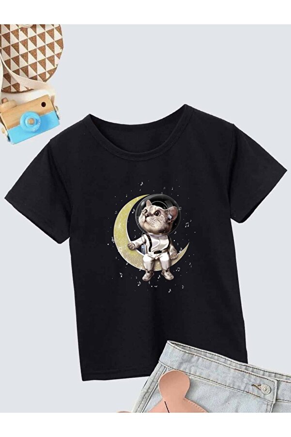 VASK Ünisex Rahat Kalıp Pamuklu Baskılı Siyah Çocuk T-shirt