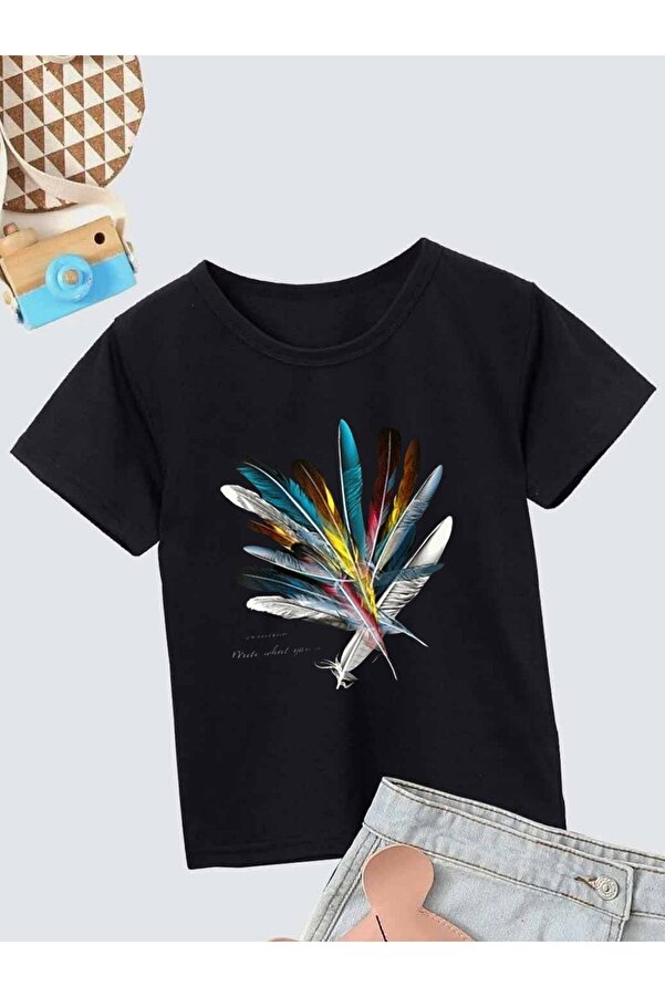 VASK Ünisex Rahat Kalıp Pamuklu Baskılı Siyah Çocuk T-shirt