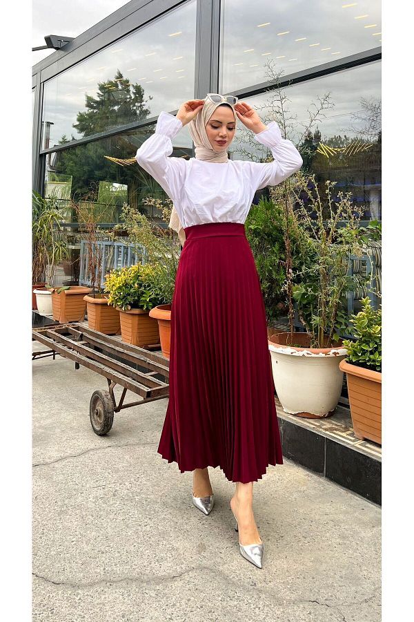 HMT ZEHRA G Y M Pleated Flared Fit S M L XL 36 48 SIZE RANGE Claret Red Skuba Crepe Skirt Trendyol