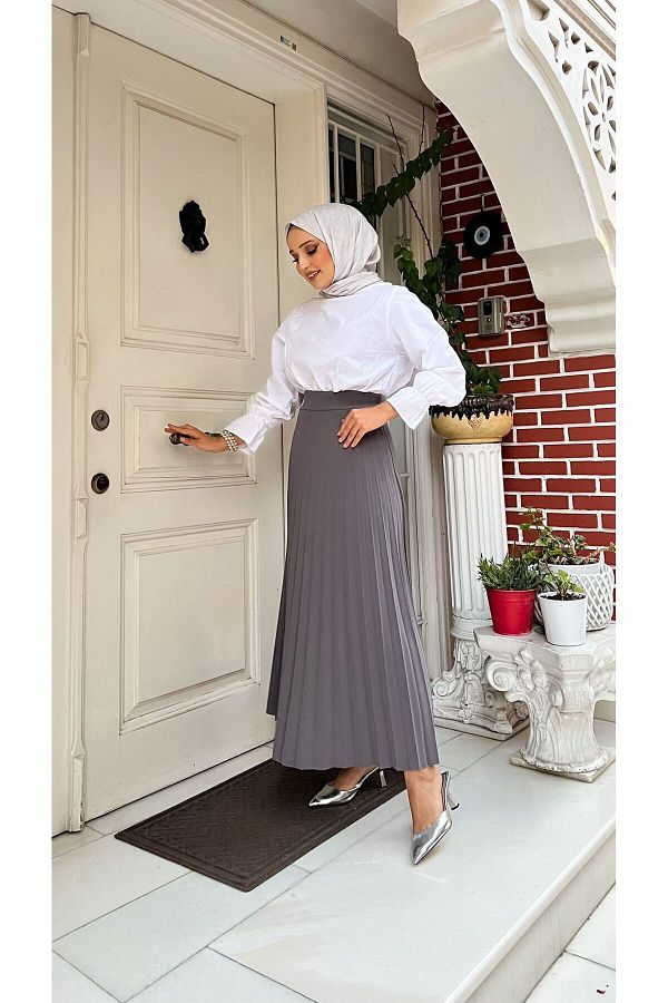 HMT ZEHRA G Y M Pleated Flared Fit S M L XL 36 48 SIZE RANGE grey Skuba Crepe Skirt Trendyol