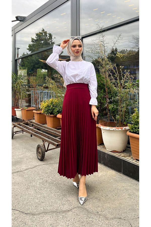 HMT ZEHRA G Y M Pleated Flared Fit S M L XL 36 48 SIZE RANGE Claret Red Skuba Crepe Skirt Trendyol