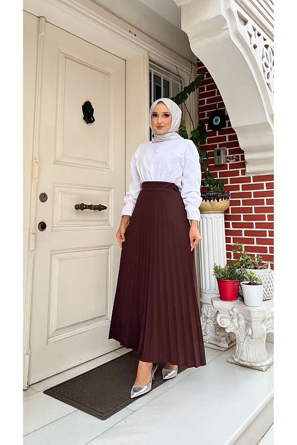 HMT ZEHRA G Y M Pleated Flared Fit S M L XL 36 48 SIZE RANGE brown Skuba Crepe Skirt Trendyol