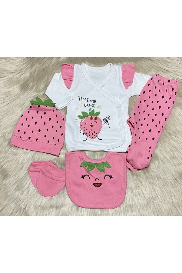 almini 5 Parça Çilekli Kız Bebek Yenidoğan Hastane Çıkış Zıbın Seti