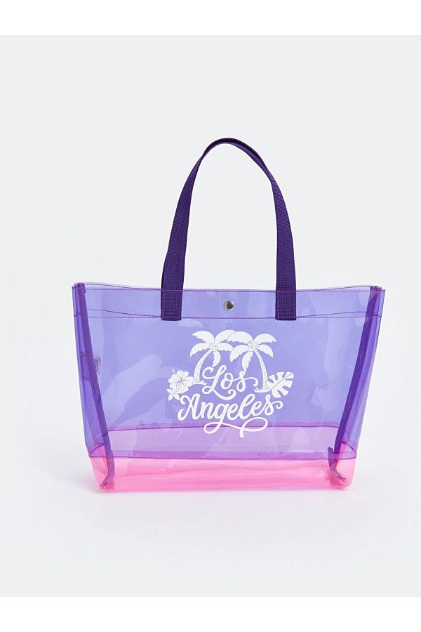 LC Waikiki-Purple Palm Tree Patterned - Girl's Beach Bag with Snap Button 1