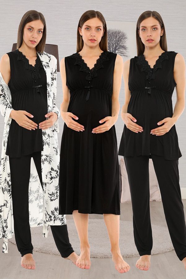 lohusahamile-Black Pattern Maternity Maternity Set of 4 with Dressing Gowns 1