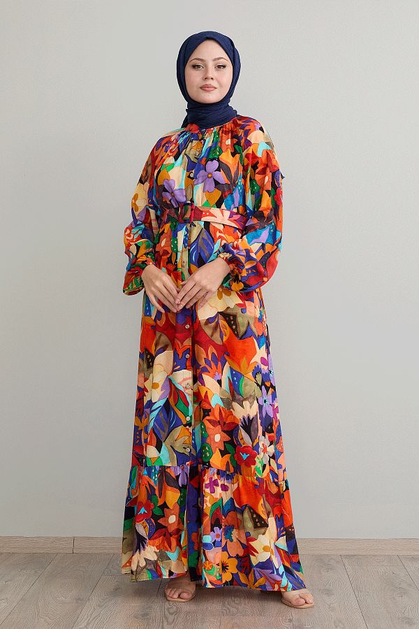 InStyle-Rochie din viscoză portocalie florală cu curea 1