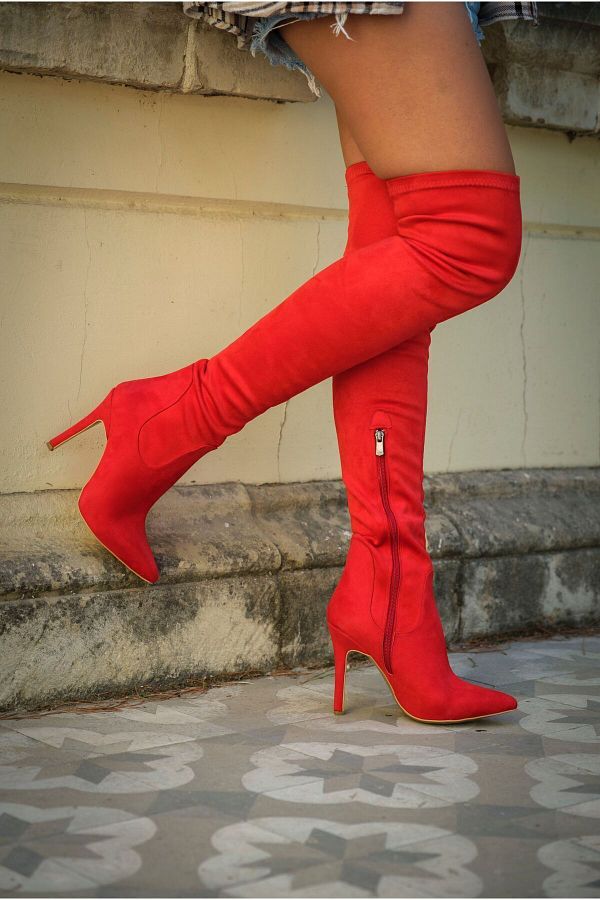 Thigh high red suede boots top