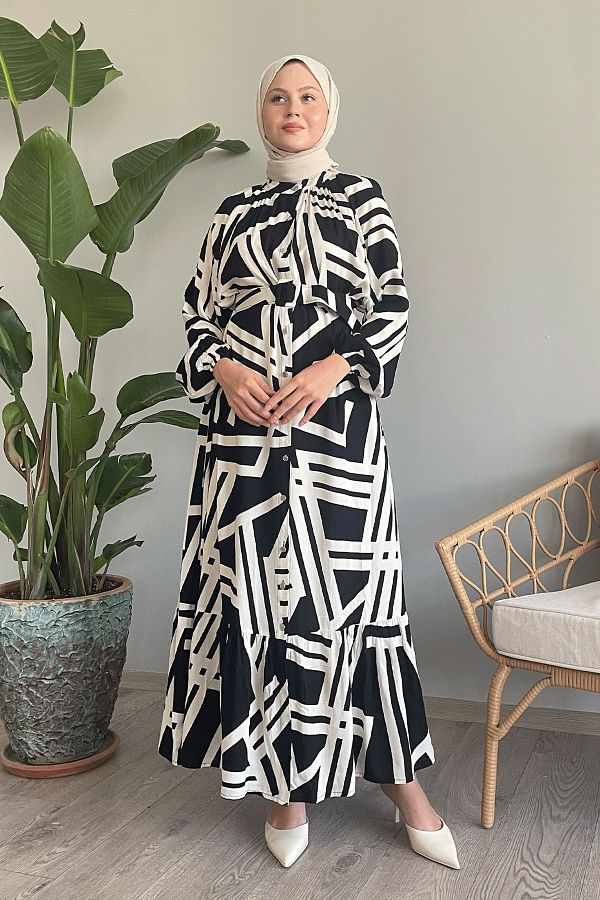InStyle-Black Viscose Dress - Stripe and Belt Detail 1