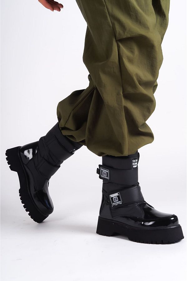K G foot rest CLZ948 Black Patent Leather Women s Boots velcro and Cold Resistant Parachute Fabric Trendyol