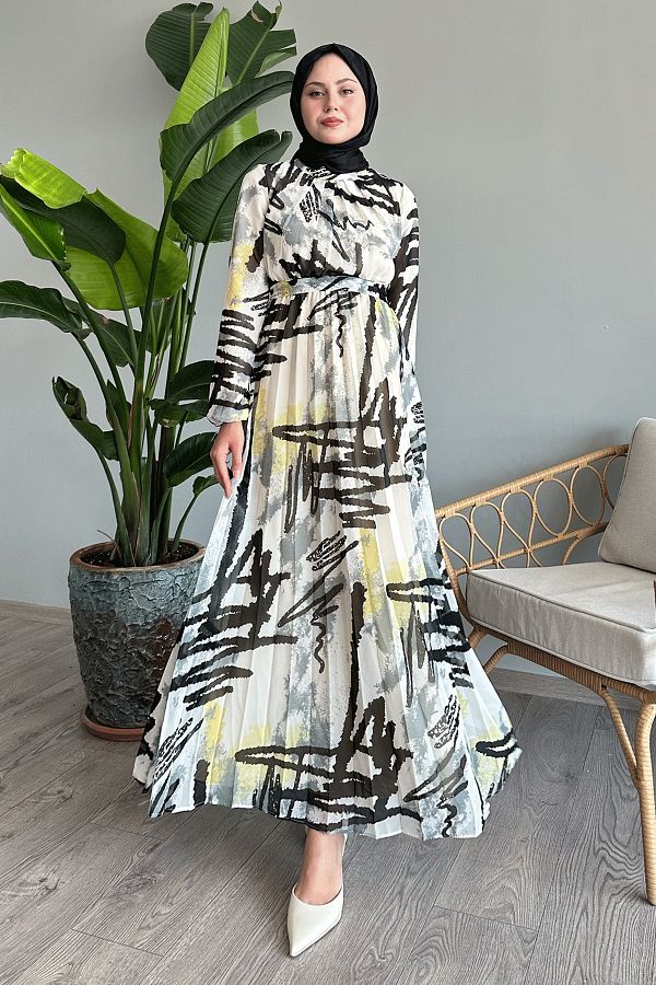 InStyle-Rochie gri din șifon - model cu dungi mixte 1