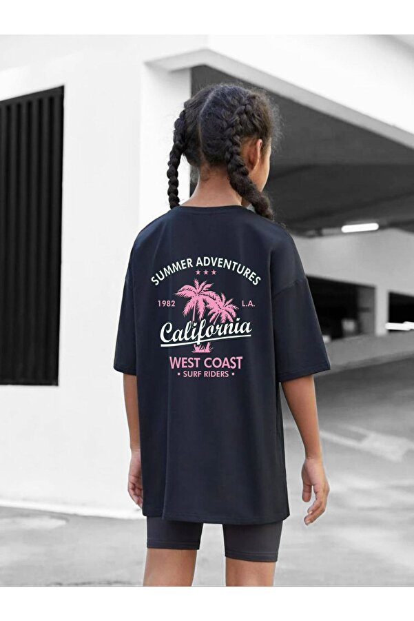 VASK Çocuk Oversize Unisex Pembe Calıfornıa Pamuklu Bisiklet Yaka Tişört