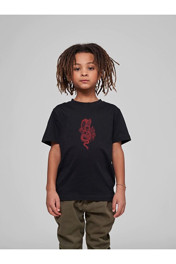 VASK Çocuk Oversize Unisex Dragon Pamuklu Bisiklet Yaka   T-Shirt