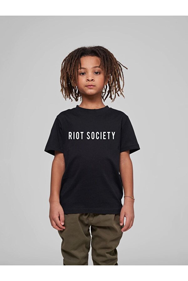 VASK Çocuk Oversize Unisex Rıot Socıety Pamuklu Bisiklet Yaka Tişört