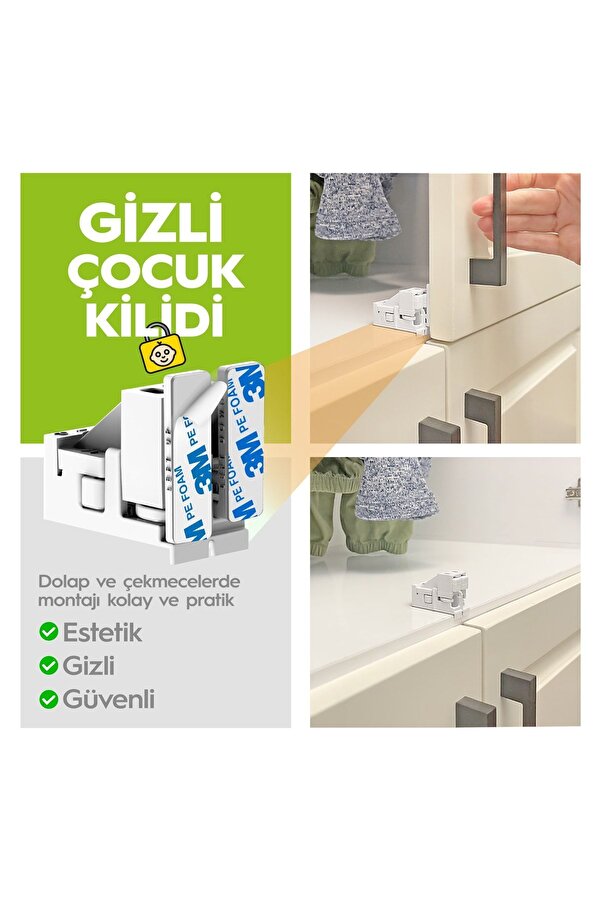 Diobaby 4 Adet Dolap Kapağı Veya Çekmece Kilitler Gizli Çocuk Kilidi (2 Adet Kilit)